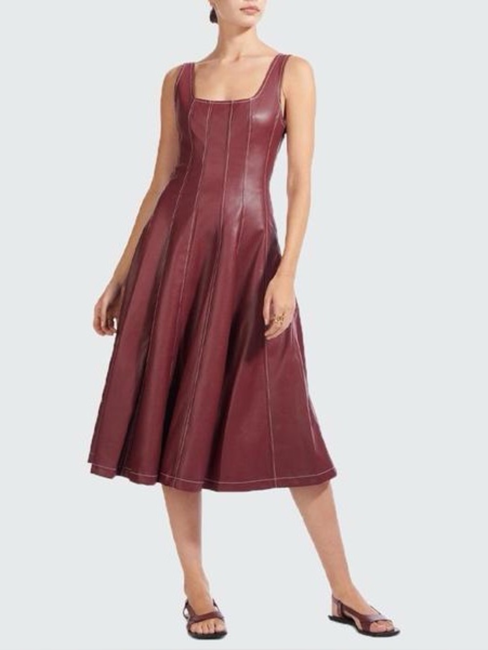 Staud Wells midi dress in burgundy faux leather